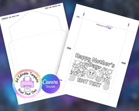 Printable Mother's Day Card Template: Space Theme, Kids Colouring (Digital Download)