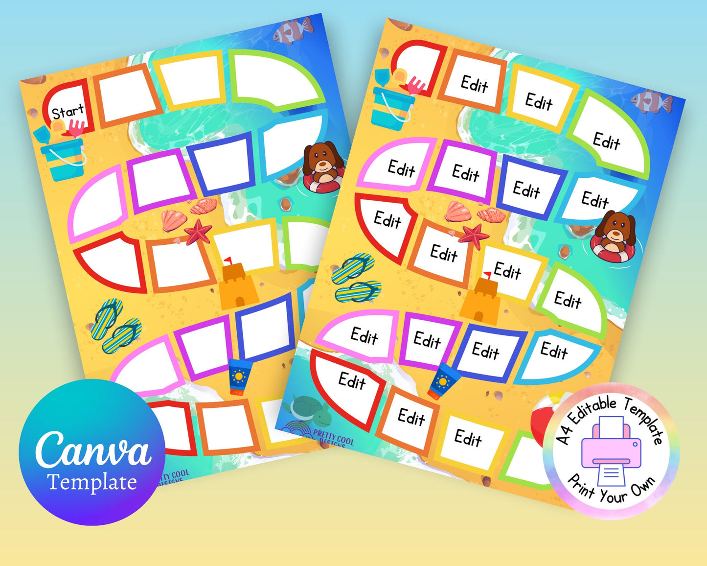Printable Game Board Template Editable Activity Printable Canva PDF JPG Digital Download Print Your Own Summer Beach Theme