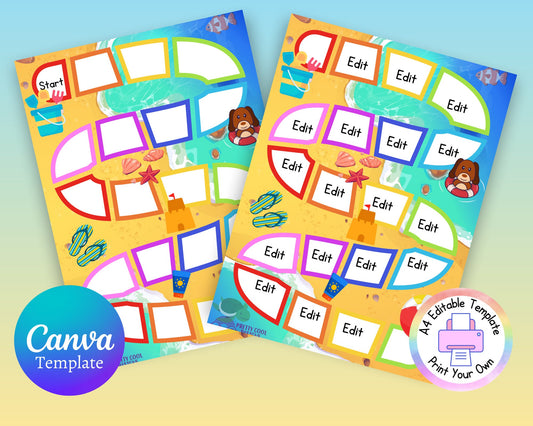 Printable Game Board Template Editable Activity Printable Canva PDF JPG Digital Download Print Your Own Summer Beach Theme