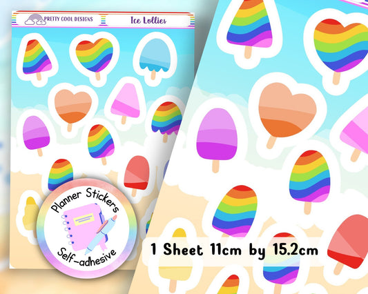 Ice Lolly Planner Stickers: Summer Rainbow Theme (1 Sheet)