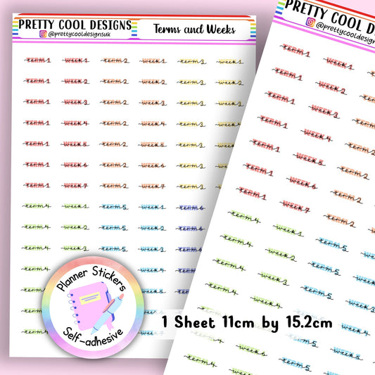Terms and Weeks Teacher Educator Planner Stickers Separate Terms and Weeks Rainbow UK - 1 Sheet - Block and Handwritten Cursive