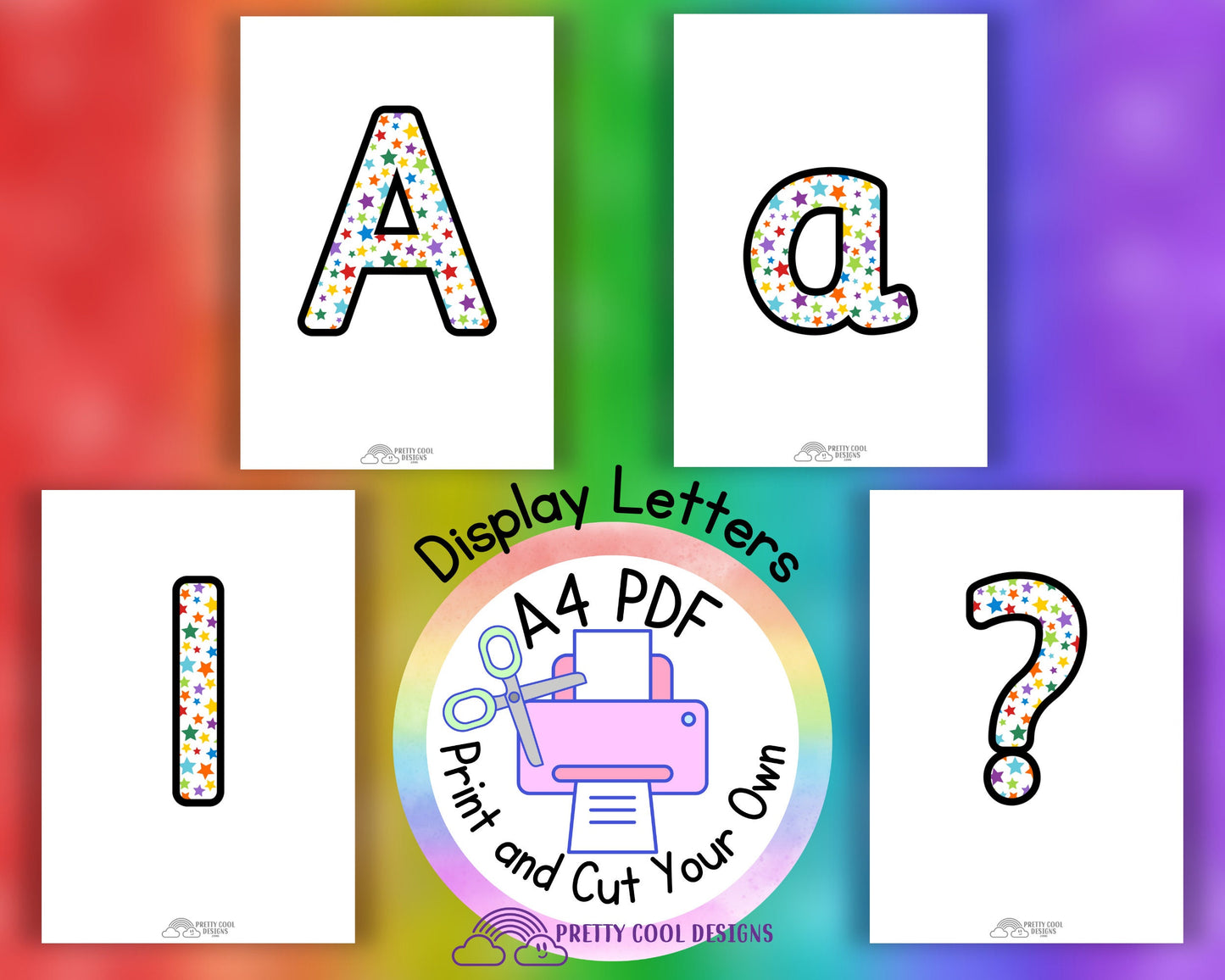 Rainbow Stars | printable display | bulletin | letters numbers symbols | classroom | print and cut