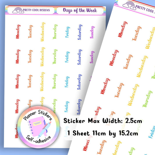 Days of the Week Planner Stickers UK - 1 Sheet Bullet Journal Diary Calendar