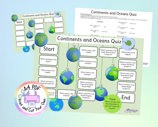 Printable Game Geography Continents and Oceans KS1 Quiz Board Game PDF with Answers and Blank Board