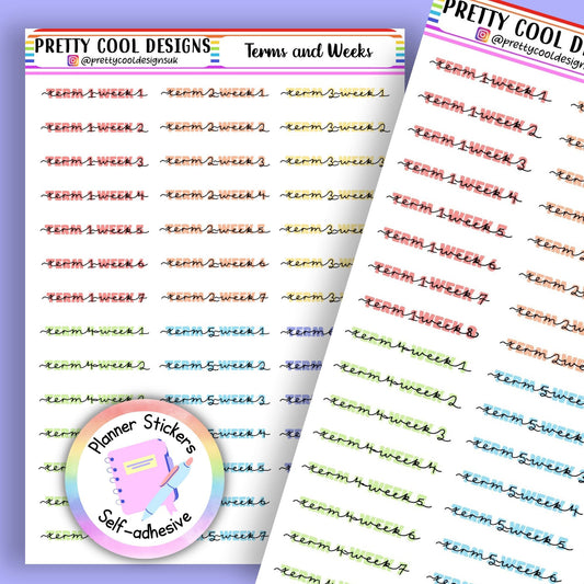 Terms and Weeks Teacher Educator Planner Stickers Rainbow UK - 1 Sheet - Block and Handwritten Cursive