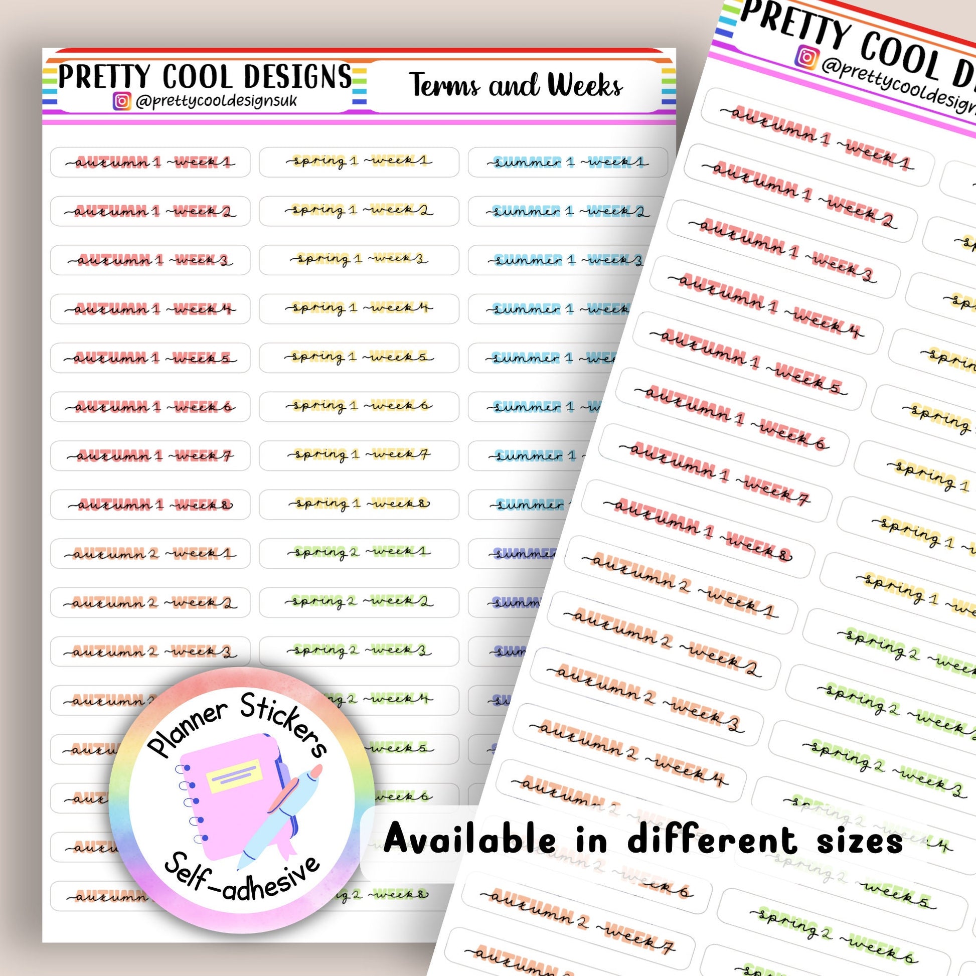 Terms and Weeks - Autumn Spring Autumn Terms - 8 Weeks- Teacher Planner Stickers Rainbow UK - 1 Sheet - Block and Handwritten Cursive