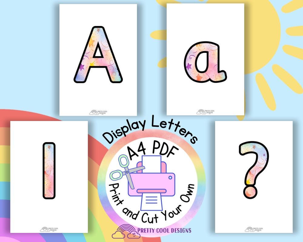 Rainbow Star Themed Bulletin Board Letters, Numbers, Punctuation and Maths Symbols