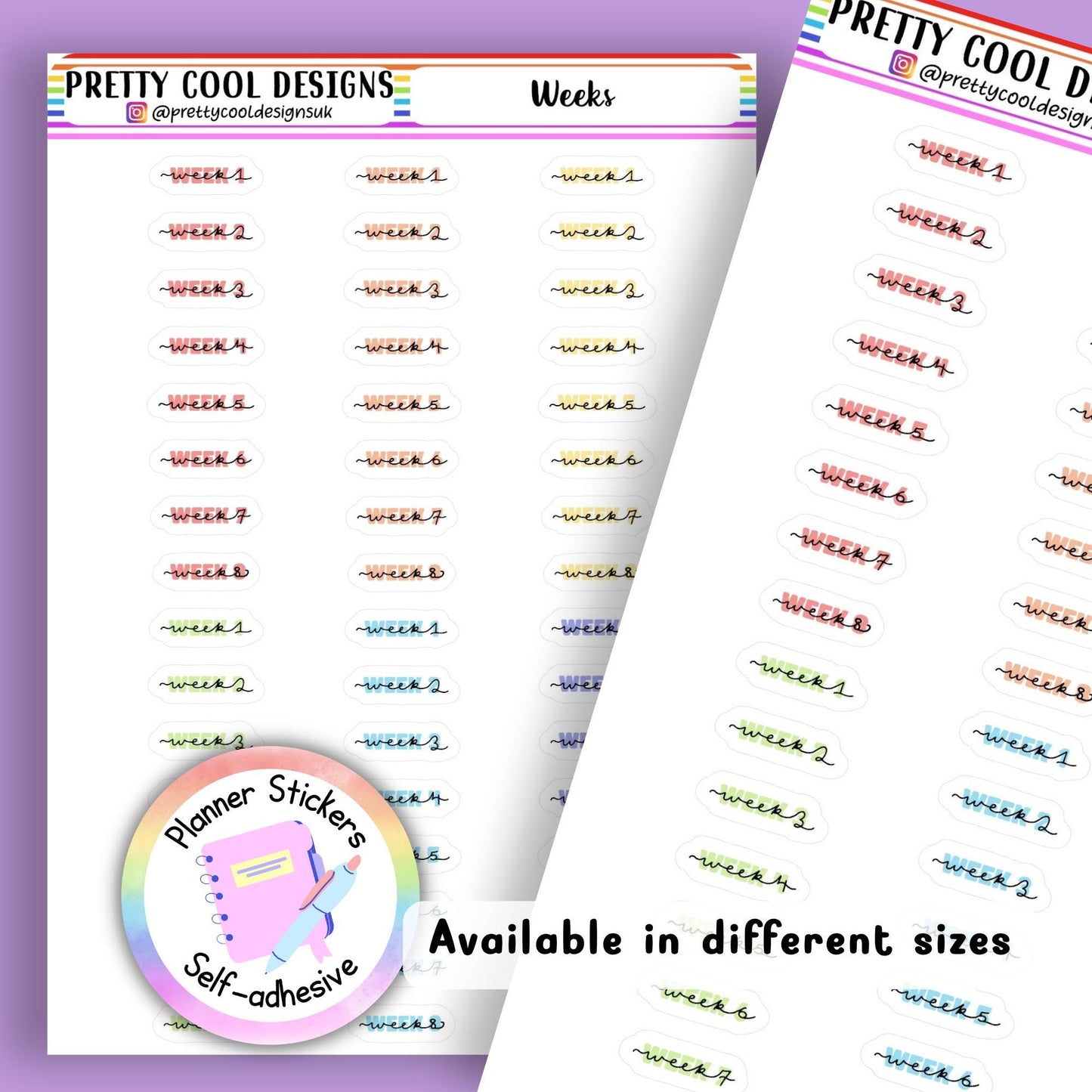 Week Headings - 8 Weeks for Terms- Teacher Educator Planner Stickers Rainbow UK - 1 Sheet - Block and Handwritten Cursive