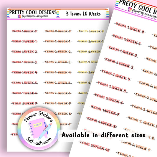 Terms and Weeks Uni - Teacher Student Educator Planner Stickers Rainbow UK - 1 Sheet - Block and Handwritten Cursive