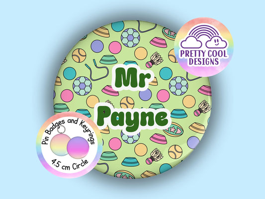 PE physical education personalised teacher badge or keyring - 45 mm - teacher themed hand drawn designs - add your name - teacher gift