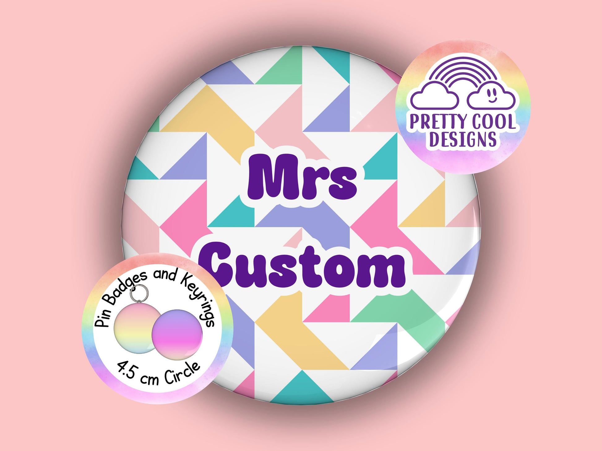 Geometric pattern personalised badge or keyring - 45 mm - geometric hand drawn design - add your name - Christmas gift