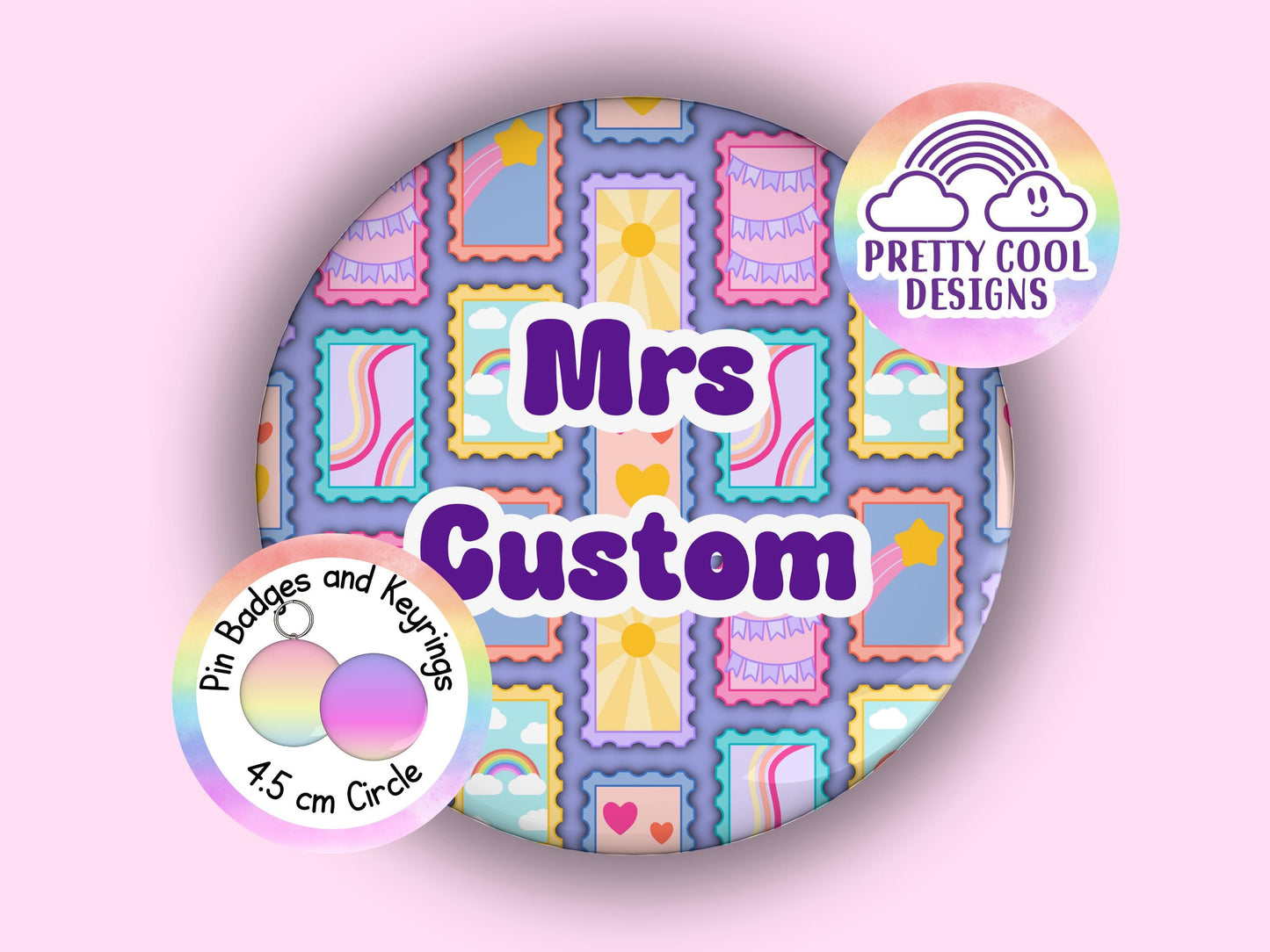 Rainbow stamp pattern personalised badge or keyring - 45 mm - cute hand drawn design - add your name - Christmas gift