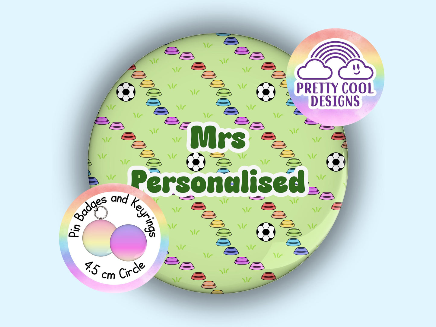 PE football teacher personalised teacher badge or keyring - 45 mm - teacher themed hand drawn design - add your name - teacher gift