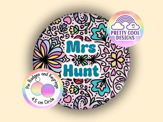 Personalized Floral Badge or Keyring: Hand-Drawn Pastel Design