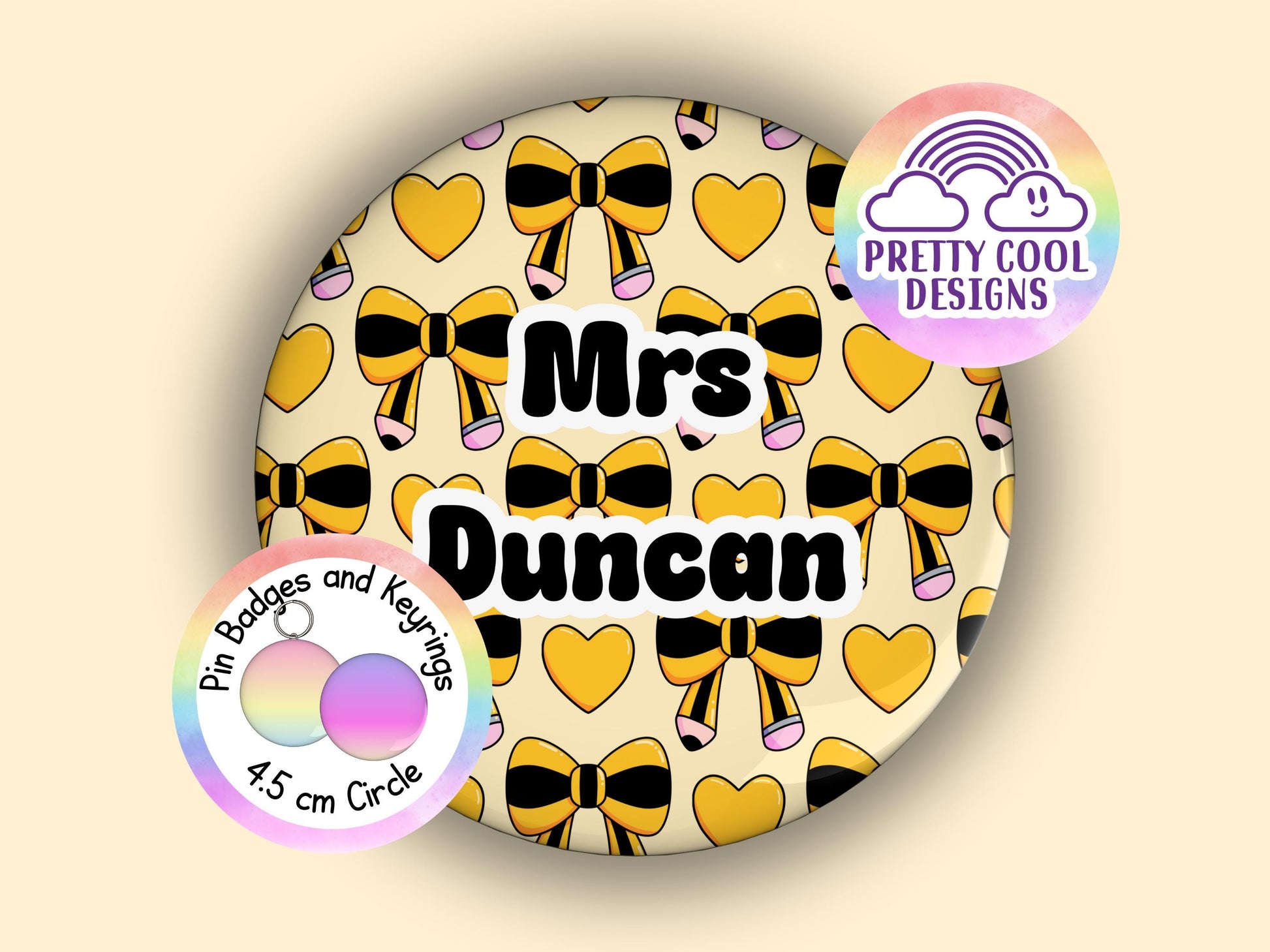 School pencil bows personalised teacher badge or keyring - 45 mm - teacher themed hand drawn designs - add your name - teacher gift