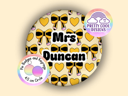 School pencil bows personalised teacher badge or keyring - 45 mm - teacher themed hand drawn designs - add your name - teacher gift