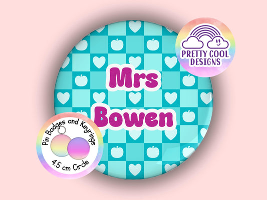 Personalised teacher badge or keyring - 45 mm - teacher themed hand drawn design - add your customised name - teacher gift