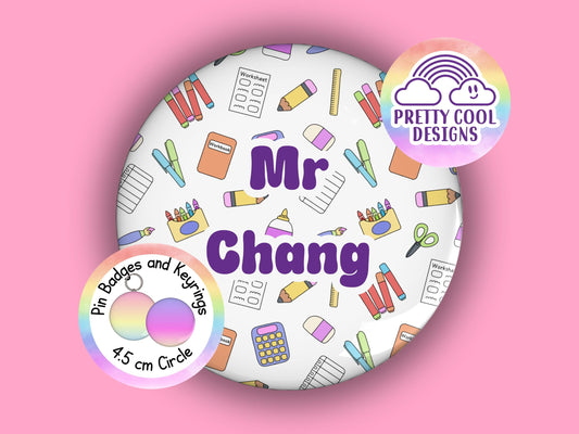 Stationery personalised teacher badge or keyring - 45 mm - teacher themed hand drawn design - add your customised name - teacher gift