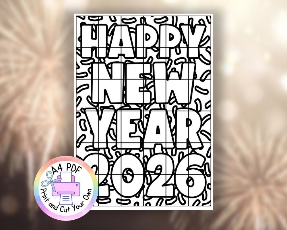 2026 New Year’s Kids Activity Printable Kids | Art Worksheet | Cut Colour Page