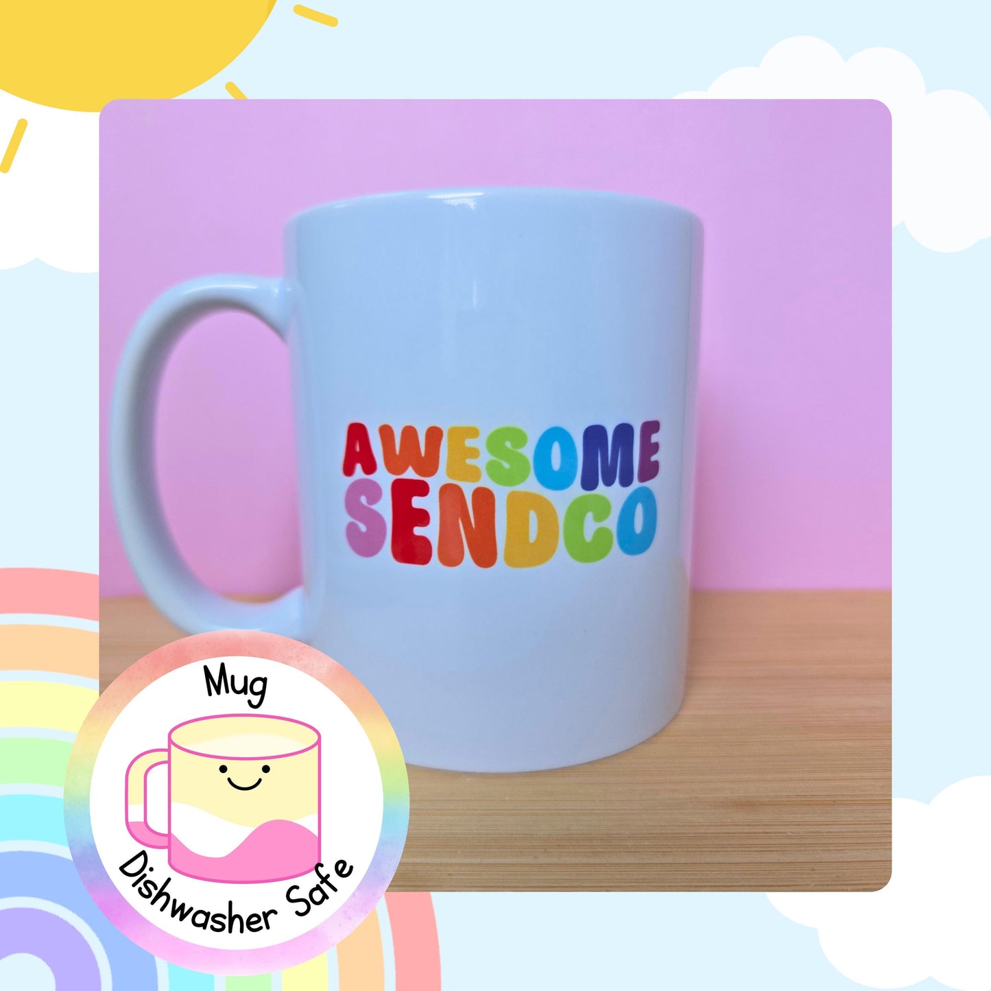Teacher mug, Awesome Sendco, end of year gift, teaching assistant present, rainbow