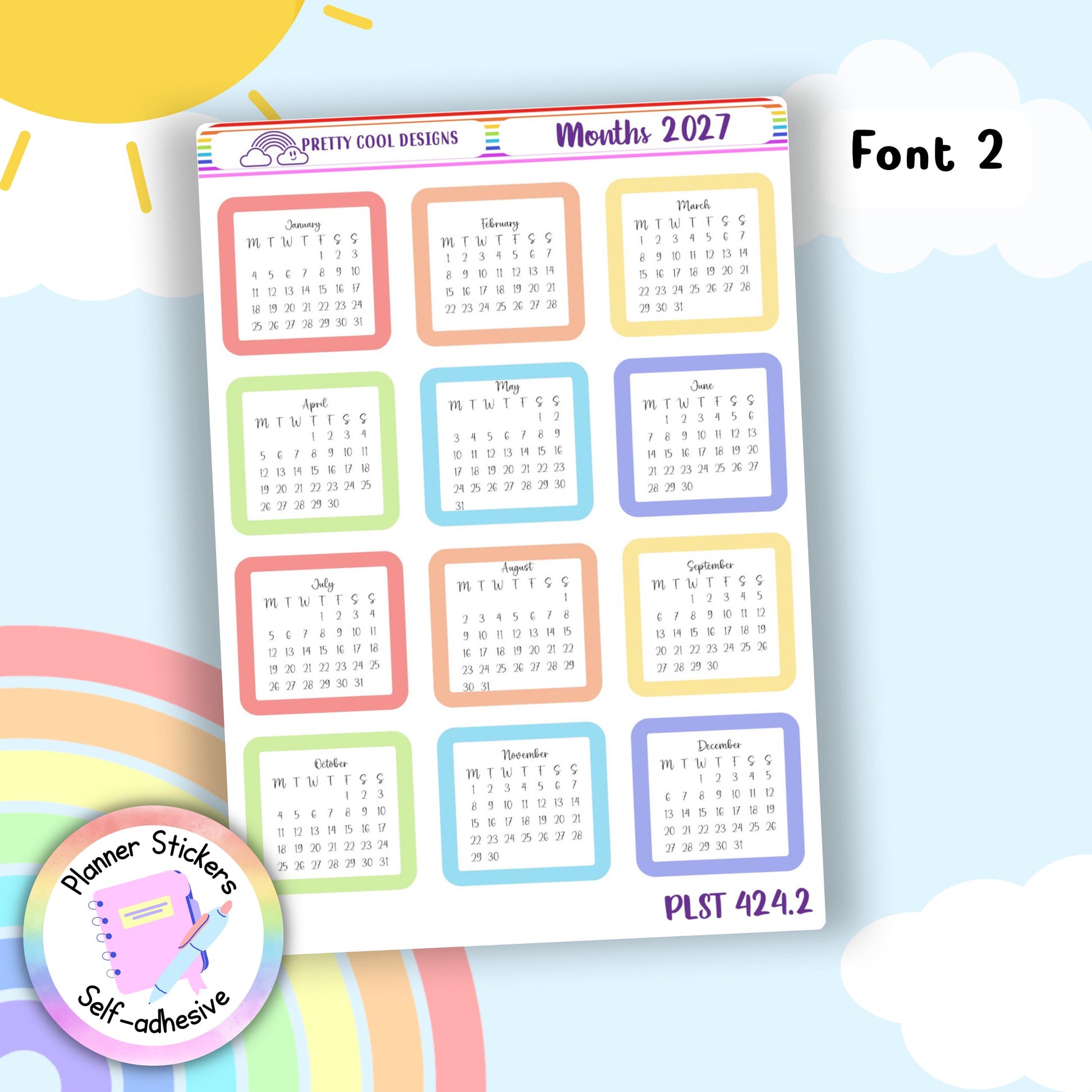 2027 Monthly Planner Stickers, Pastel Bullet Journal Stickers