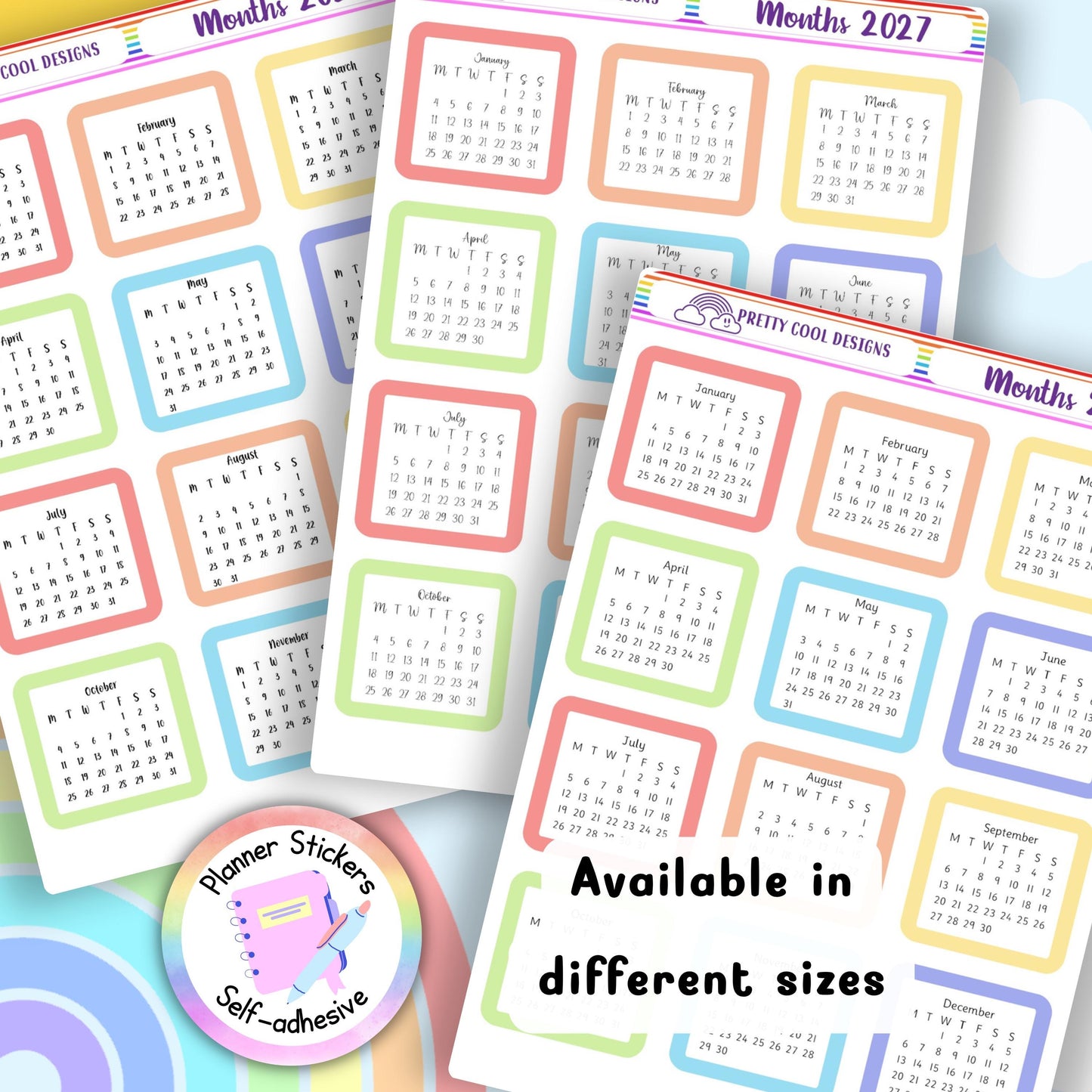 2027 Monthly Planner Stickers, Pastel Bullet Journal Stickers