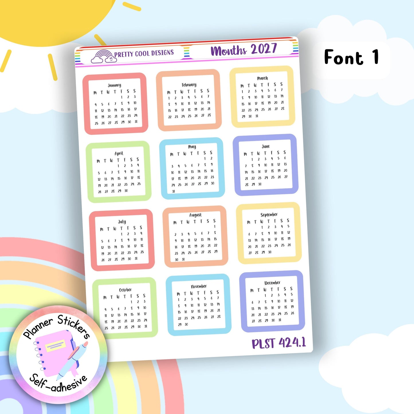 2027 Monthly Planner Stickers, Pastel Bullet Journal Stickers