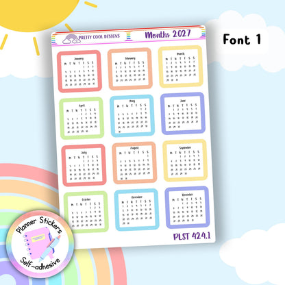 2027 Monthly Planner Stickers, Pastel Bullet Journal Stickers
