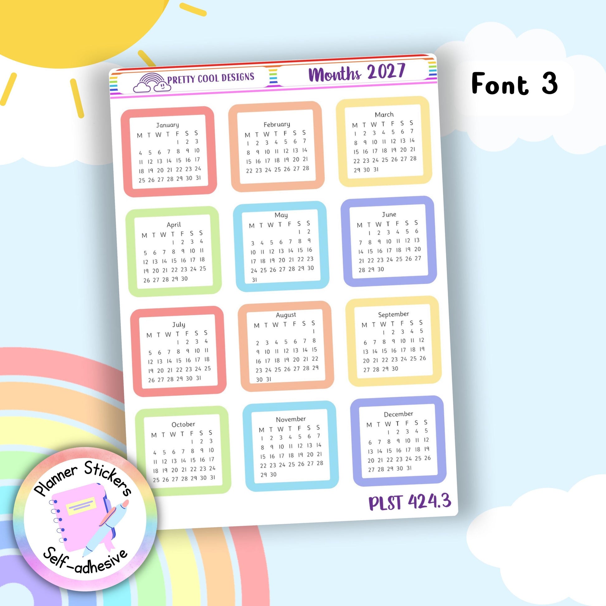2027 Monthly Planner Stickers, Pastel Bullet Journal Stickers