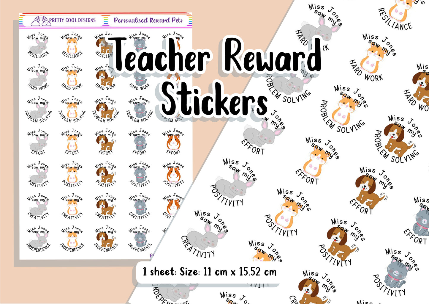 Personalised Teacher Stickers | Reward Stickers | Personalised Stickers | Growth Mindset | Pets | Animals | Puppy | Rabbit