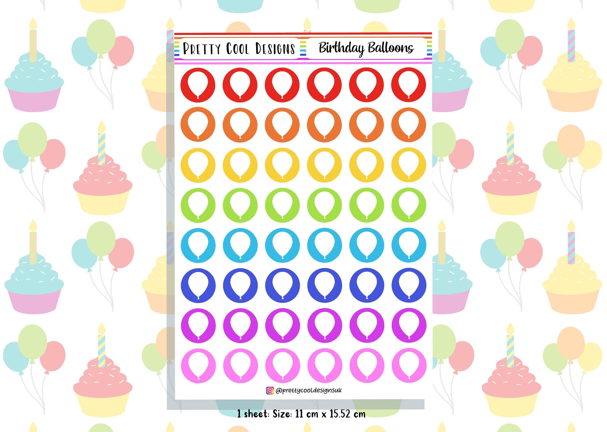 48 Rainbow Birthday Balloon Planner Stickers UK - 1 Sheet