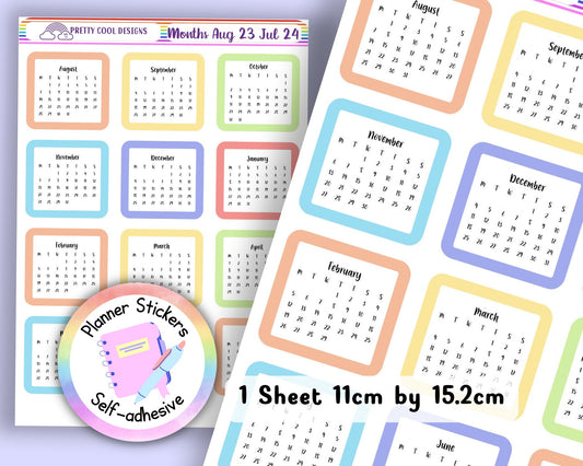 Monthly Planner Stickers, August 2023 to July 2024, Academic Year Bullet Journal, Diary Decoration, Scrapbooking Stickers, Pastel Rainbow